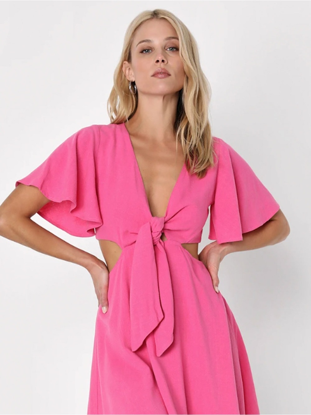 Lulu’s Perfect Day for Love Pink Cutout Tie-Front Mini Dress